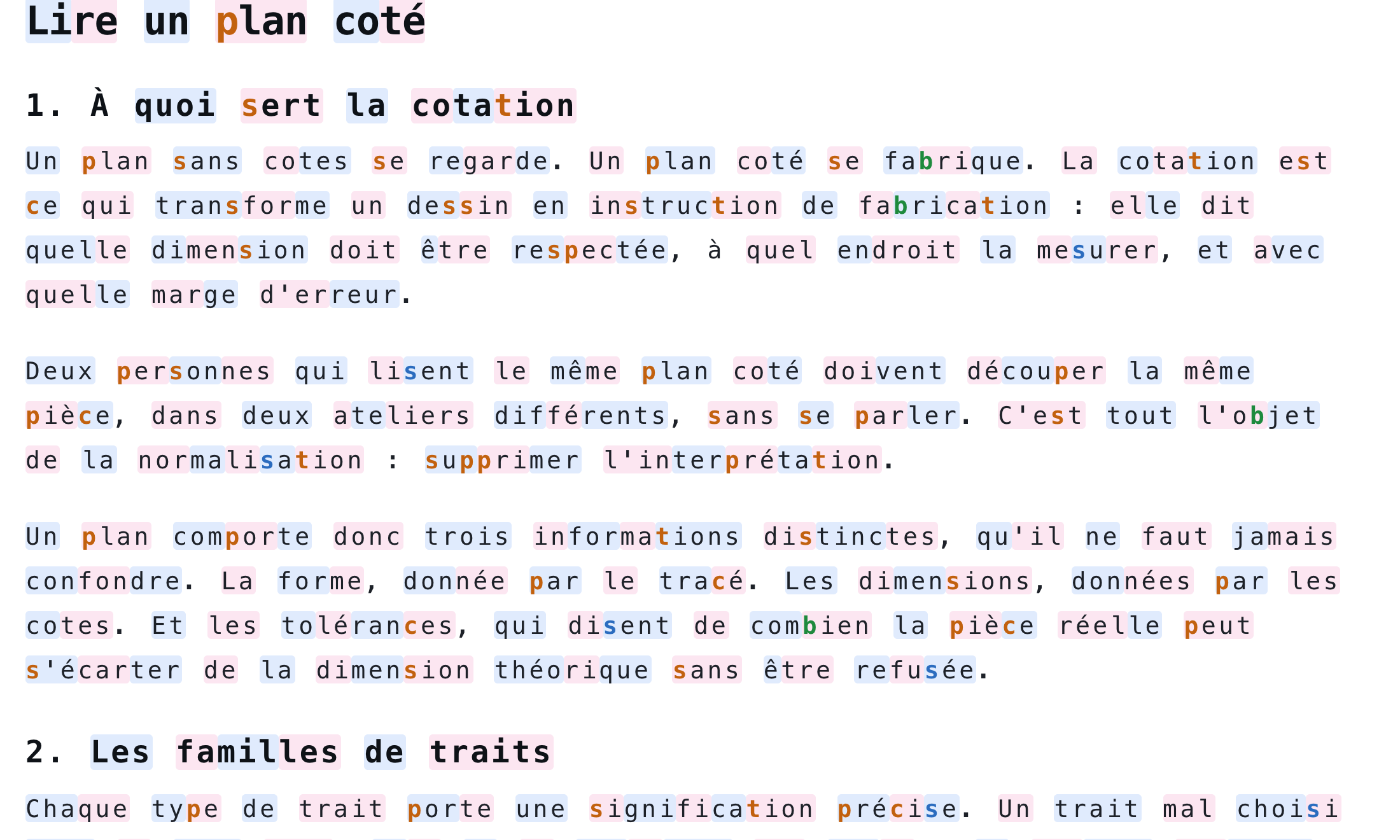 Le même cours en lecture adaptée : syllabes colorées en alternance, mots espacés, lignes aérées.